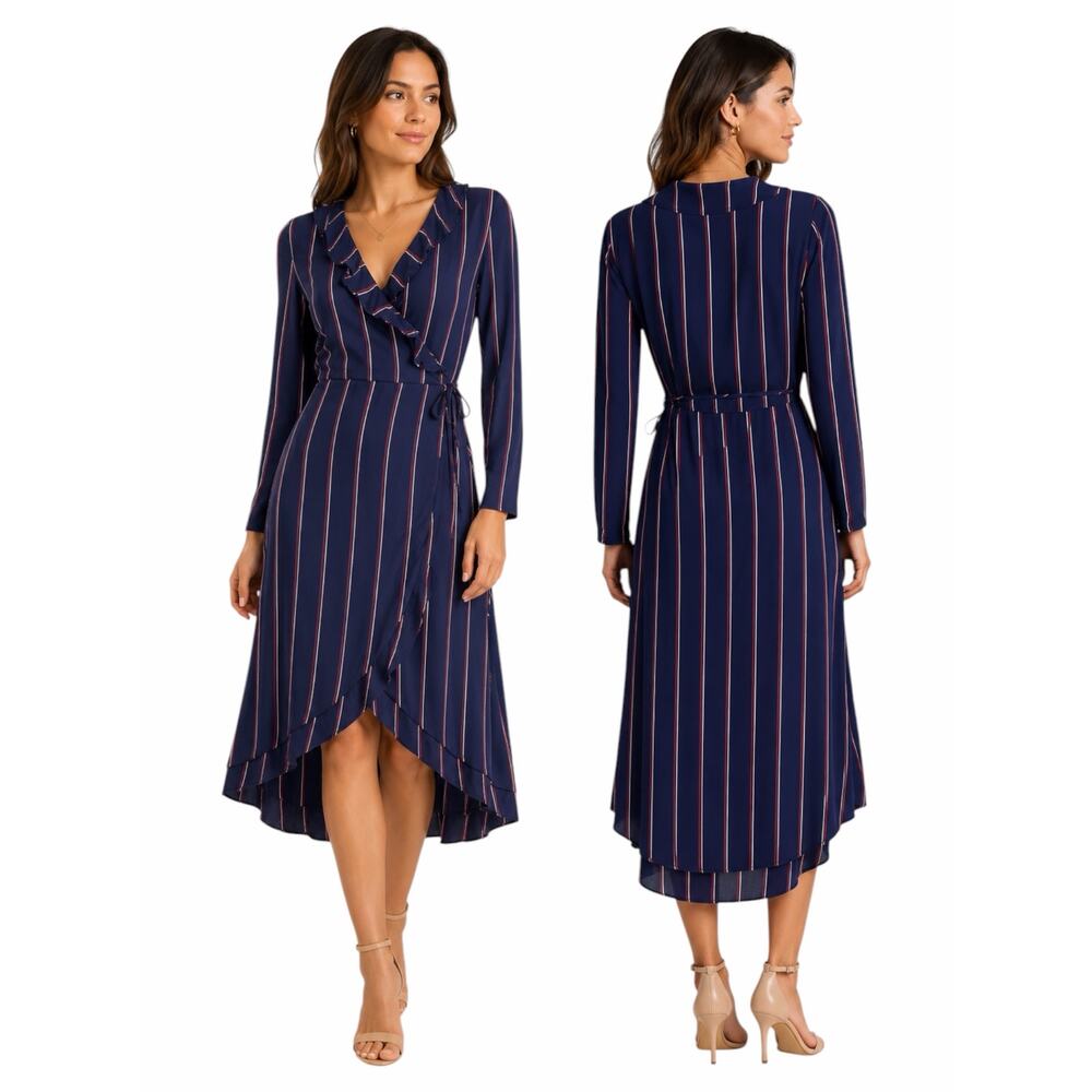 Rails Priya Striped Ruffle Wrap Dress Knee Length Navy Red Size XS